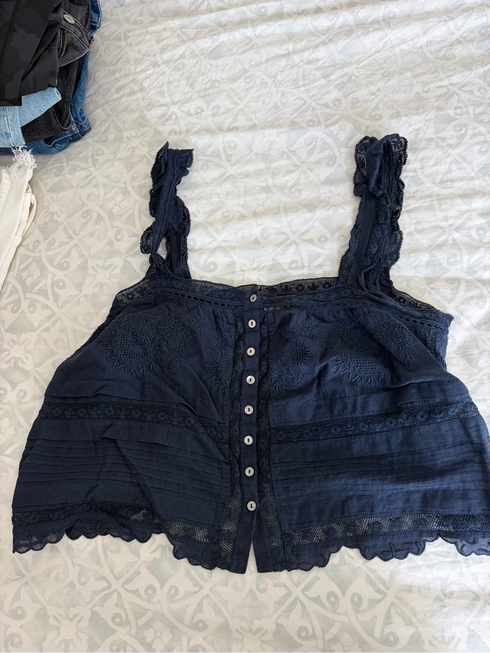 LoveShackFancy Navy Lace-Trim Button Front Camisole